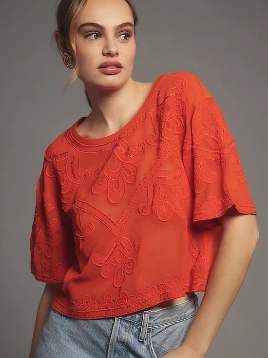 By Anthropologie Tops - By Anthropologie Sheer Embroidered Boxy Top Size Small